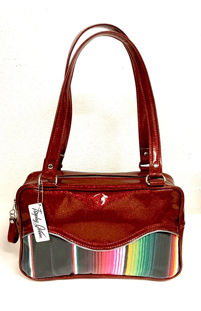 Tuck and Roll Tote Bag - Mexican Blanket / Red Glitter Vinyl - Leopard Lining