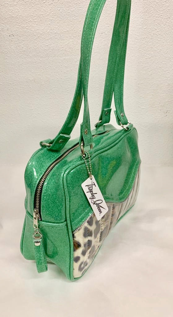 Tuck and Roll Tote Bag - Leopard with Clear Overlay / Sea Foam Green Glitter Vinyl - Leopard Lining