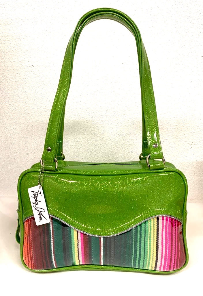 Tuck and Roll Tote Bag - Mexican Blanket with Clear Overlay / Lime Glitter Vinyl - Leopard Lining