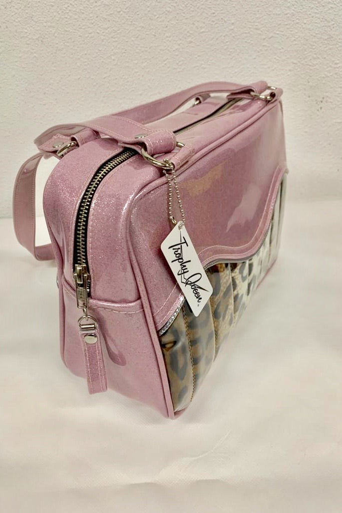 Tuck and Roll Tote Bag - Leopard with Clear Overlay / Blush Pink Glitter Vinyl - Leopard Lining