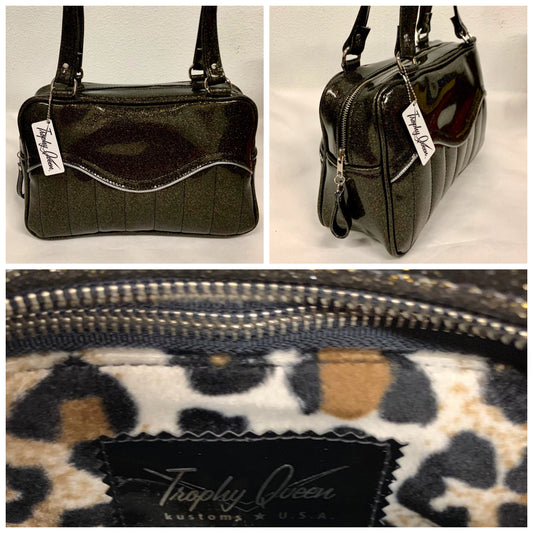 Tuck and Roll Tote Bag - Black Gold Glitter Vinyl with / Leopard Lining