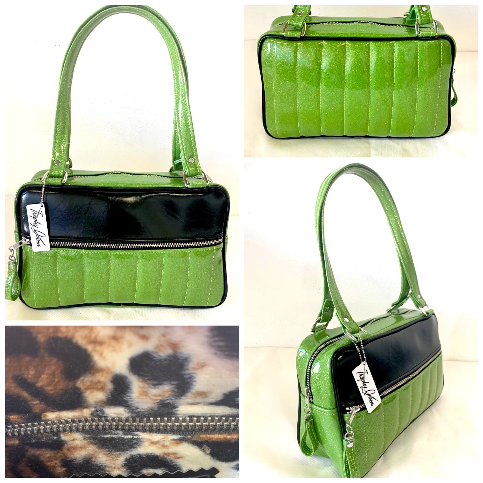 Fairlane Tote Bag in Lime Green Glitter Vinyl and Grease Black Vinyl with plush Leopard Lining. This purse has matching vinyl zipper pull, nickel feet, inside zipper pocket with serial number and open divided pocket with signature Trophy Queen label. The straps are approximately 25” and come with an extra set of replacement straps. Locally made and ships from California.