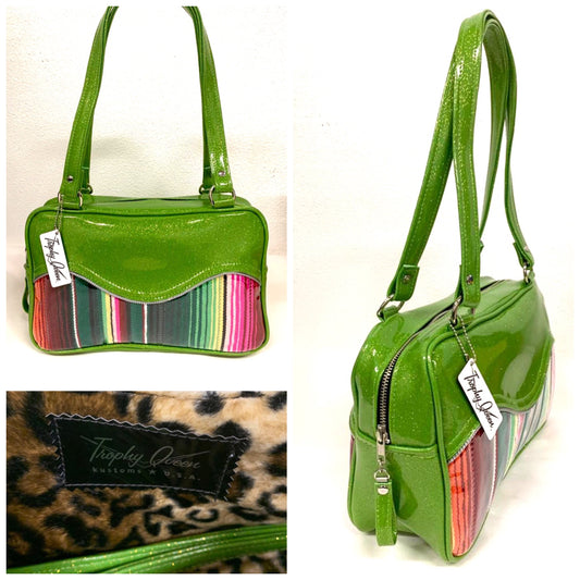 Tuck and Roll Tote Bag - Mexican Blanket / Lime Glitter Vinyl - Leopard Lining