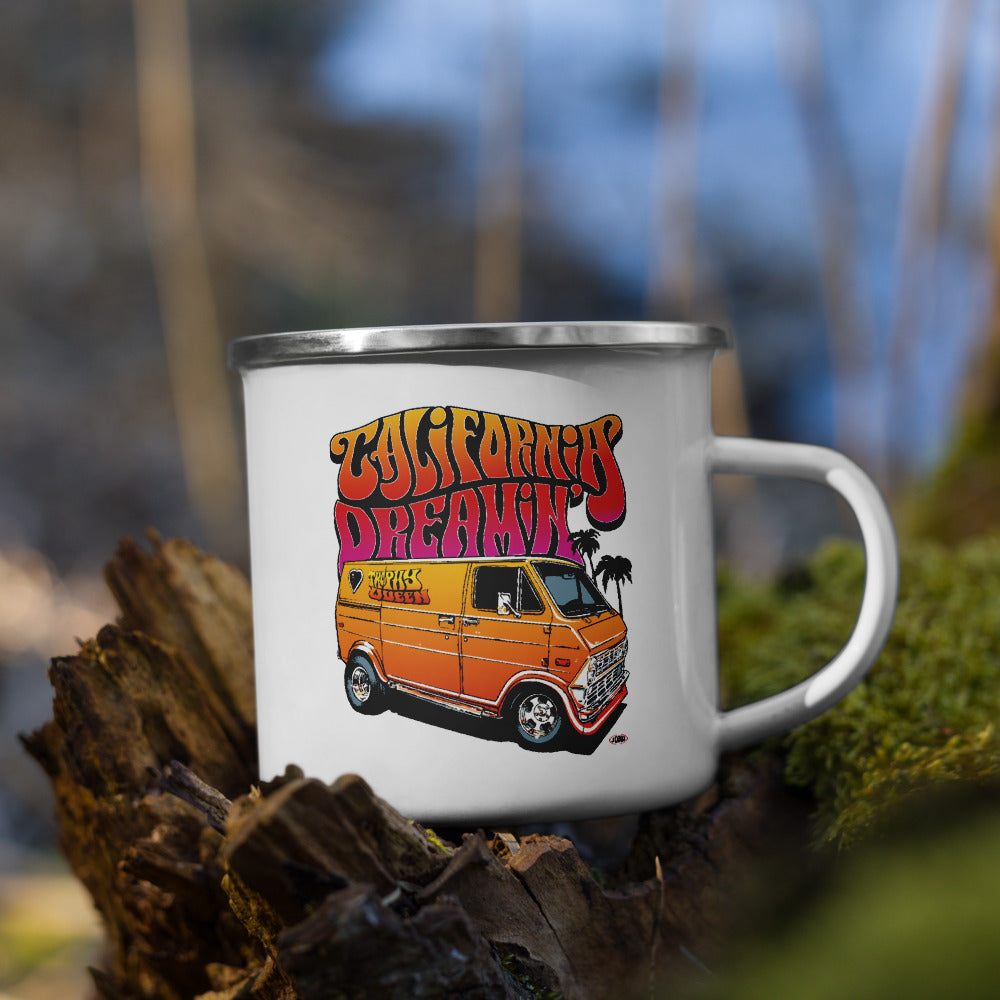 Every happy camper needs a unique camper mug and this California Dreamin' Artwork by American Artist Jason Cruz cup fits the bill! Lightweight, durable, and multifunctional this mug is perfect for your favorite beverage or a hot meal, and attach it to your bag for easy access on a hike or bike! White coating enamel with silver rim so hand wash only and don’t pop it in the microwave!