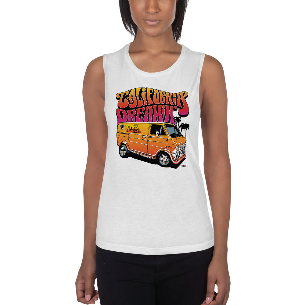 Trophy Queen California Dreamin' Logo by American Artist Jason Cruz low cut armhole relaxed tank top is super comfortable and flowy. Lightweight and curved bottom hem keeps you cool while looking cool in this muscle tank for ladies.