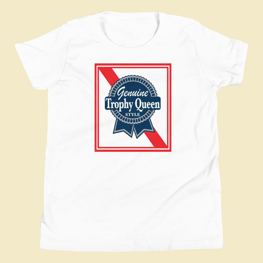 This Trophy Queen Blue Ribbon Logo shirt is the tee that you've been looking for. It's light, soft, and comes with a unique design that stands out from the crowd wherever you go! Made of 100% soft jersey preshrunk cotton and relaxed fit, it's bound to become a favorite in any youngster's wardrobe. Note, other colors different cotton polyester blends
