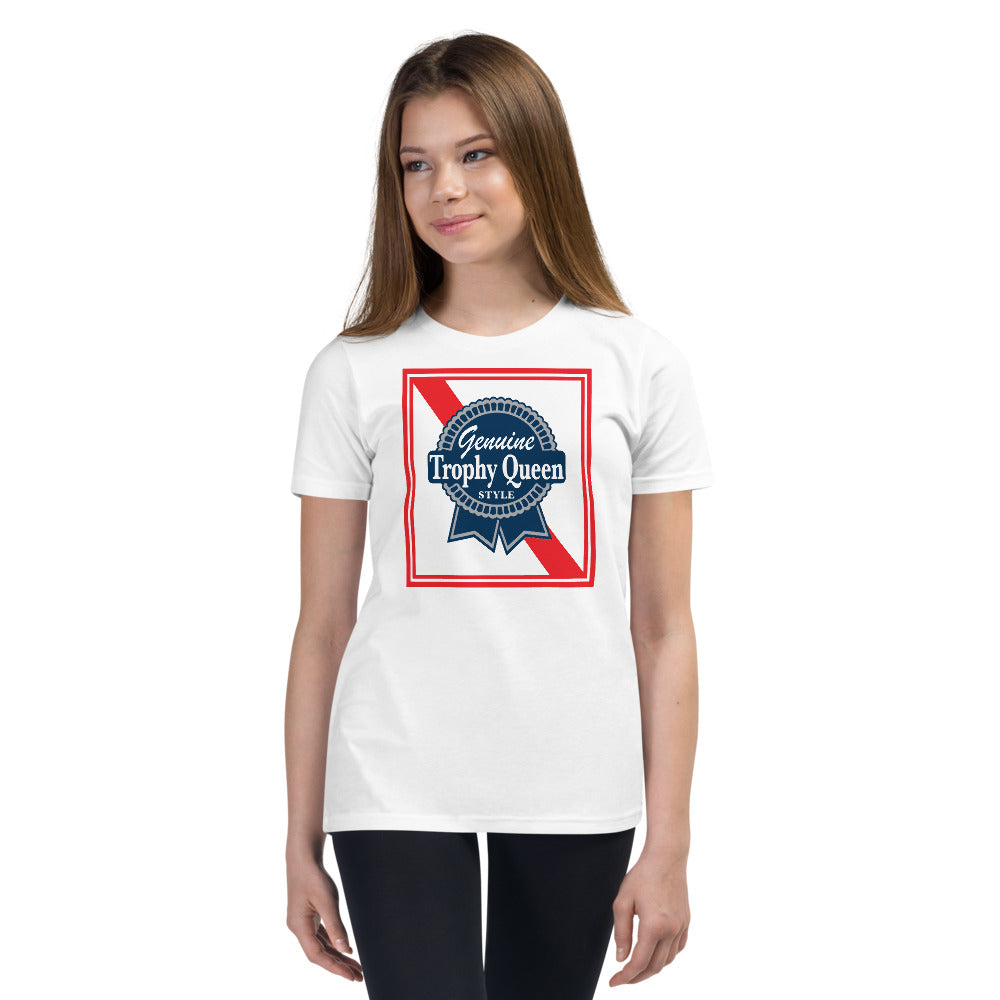 This Trophy Queen Blue Ribbon Logo shirt is the tee that you've been looking for. It's light, soft, and comes with a unique design that stands out from the crowd wherever you go! Made of 100% soft jersey preshrunk cotton and relaxed fit, it's bound to become a favorite in any youngster's wardrobe. Note, other colors different cotton polyester blends
