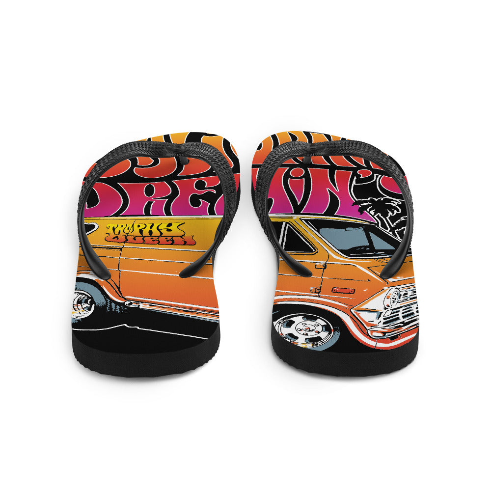 The perfect beach shoe, these California Dreamin' Artwork by American Artist Jason Cruz flip-flops with rubber soles and soft fabric lining these flip flops are sure to make you feel comfortable and look cool wherever your day takes you.