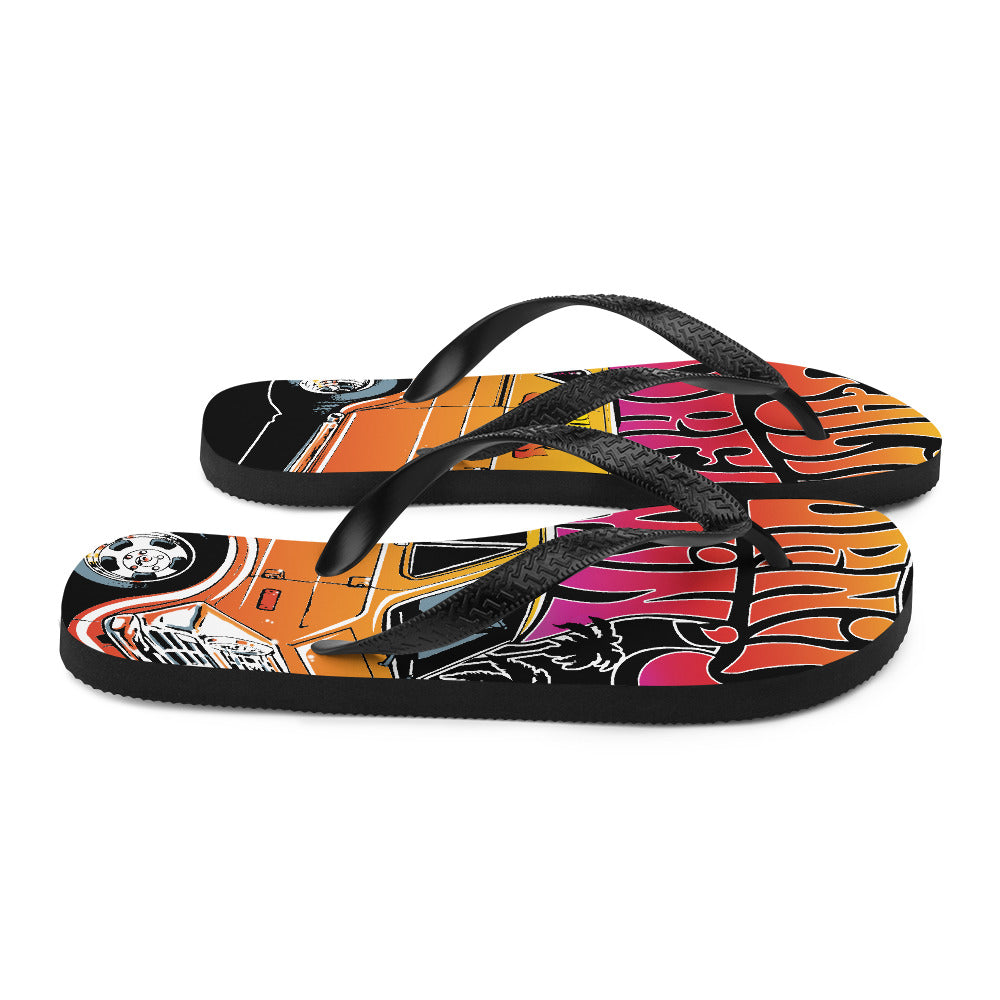 The perfect beach shoe, these California Dreamin' Artwork by American Artist Jason Cruz flip-flops with rubber soles and soft fabric lining these flip flops are sure to make you feel comfortable and look cool wherever your day takes you.