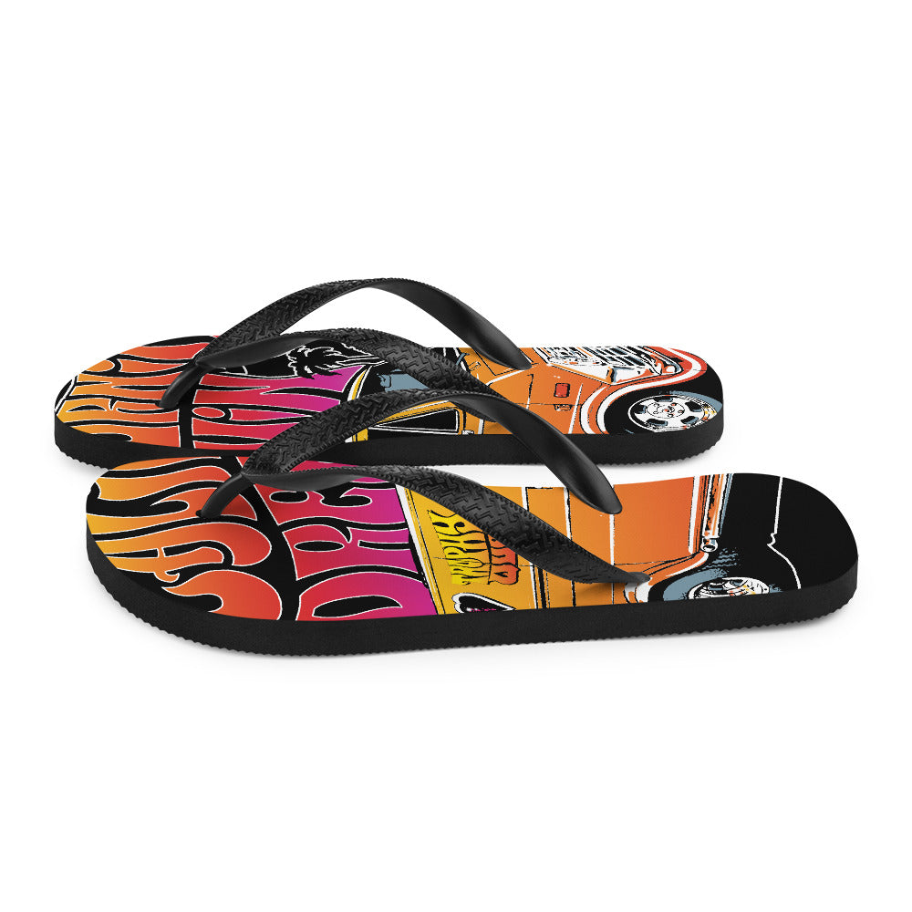 The perfect beach shoe, these California Dreamin' Artwork by American Artist Jason Cruz flip-flops with rubber soles and soft fabric lining these flip flops are sure to make you feel comfortable and look cool wherever your day takes you.