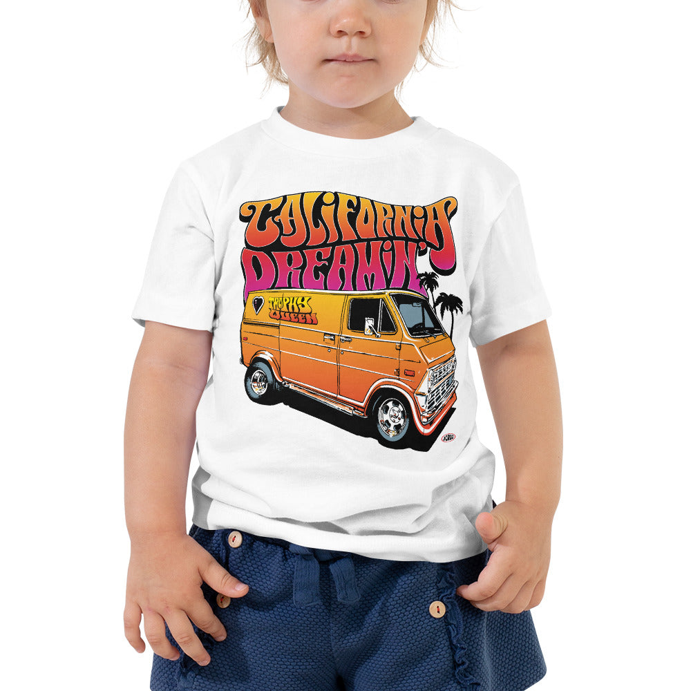 Let your toddler do their thing while feeling super comfy and looking extra stylish in this short-sleeve jersey t-shirt made from pre-shrunk, 100% cotton with a unique print of the Trophy Queen California Dreamin' Logo by American Artist Jason Cruz. The tee is soft, durable, relaxed fit for extra comfort, and bound to become the staple of your toddlers wardrobe. 