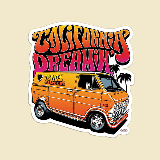 Trophy Queen California Dreamin' Logo by American Artist Jason Cruz kiss cut stickers are printed on durable, high opacity adhesive vinyl which makes them perfect for regular indoor use as well as for covering other stickers or paint. The high-quality vinyl ensures fast and easy bubble-free application. 