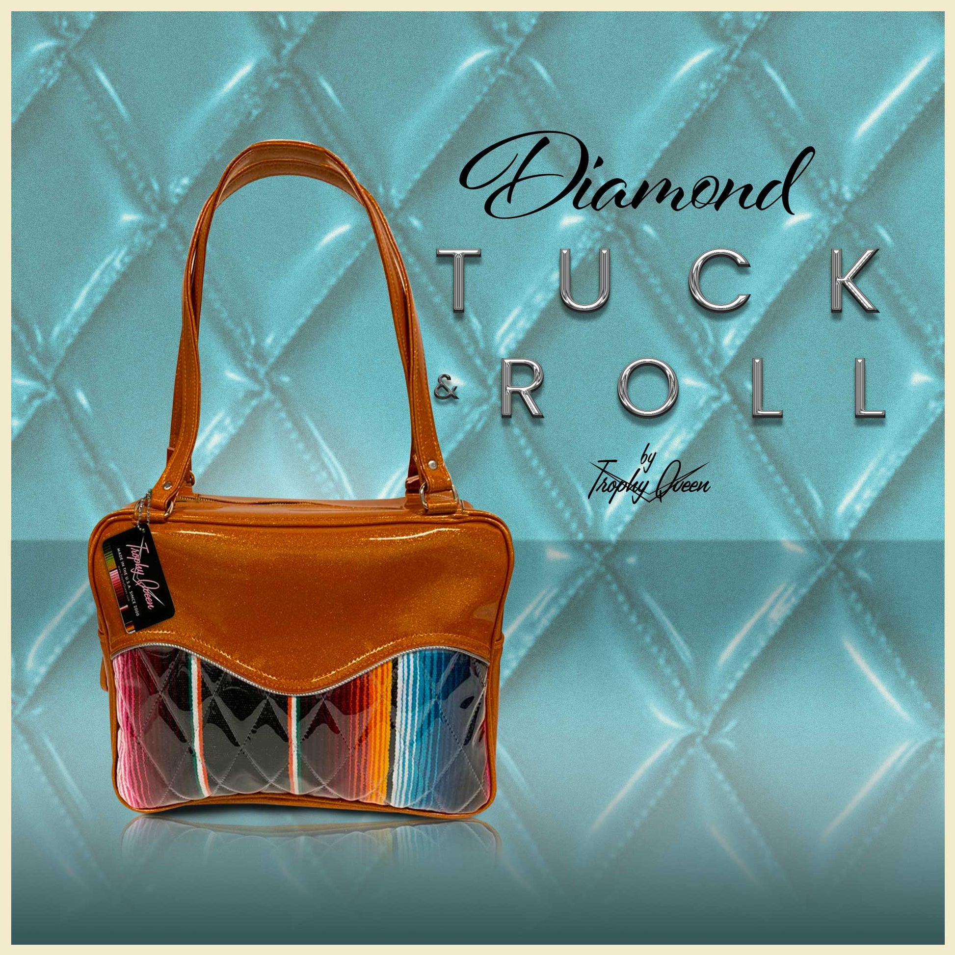 Diamond Tuck & Roll Features: The Kustom Diamond Pleat Tuck and Roll is made with vinyl or alternative material of your choice and clear overlay lined with plush material or Mexican blanket customized by you. Accents are made of  nickel hardware, 25” straps including a set of  replacement straps. Inside open divided pocket, inside zipper pocket with serial number hidden inside, vinyl zipper pull ,and signature Trophy Queen Label. Please Allow 3-4 Weeks to Ship.