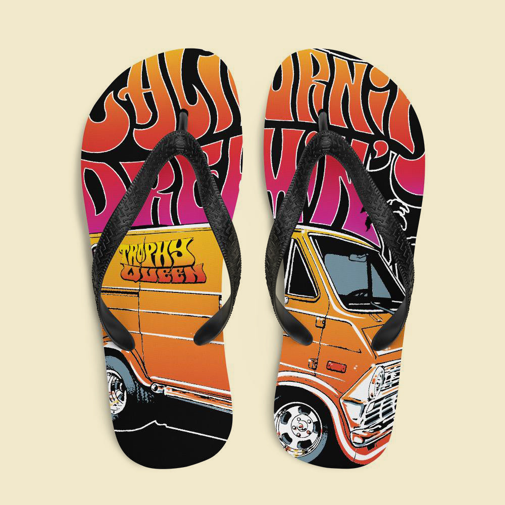 The perfect beach shoe, these California Dreamin' Artwork by American Artist Jason Cruz flip-flops with rubber soles and soft fabric lining these flip flops are sure to make you feel comfortable and look cool wherever your day takes you.