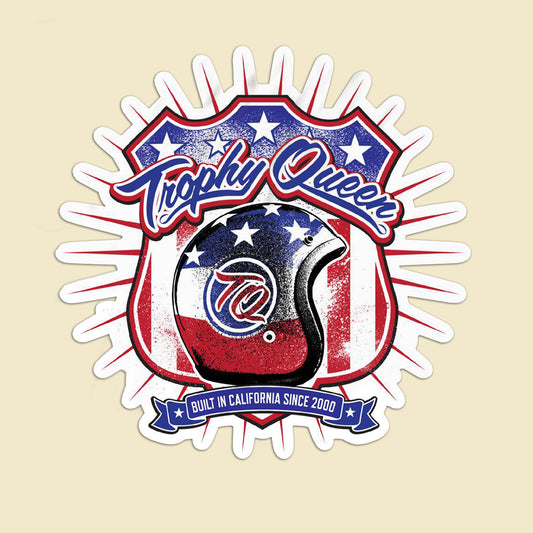 Trophy Queen Helmet Logo by American Artist Keven Carter kiss cut stickers are printed on durable, high opacity adhesive vinyl which makes them perfect for regular indoor use as well as for covering other stickers or paint. The high-quality vinyl ensures fast and easy bubble-free application. 