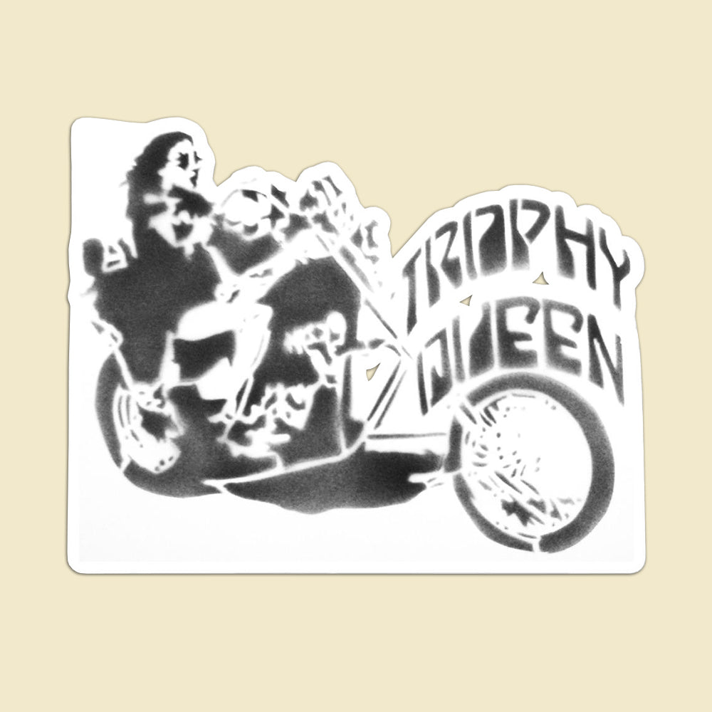 Trophy Queen Chopper Stencil Art by American Artist Scott Rockland kiss cut stickers are printed on durable, high opacity adhesive vinyl which makes them perfect for regular indoor use as well as for covering other stickers or paint. The high-quality vinyl ensures fast and easy bubble-free application. 